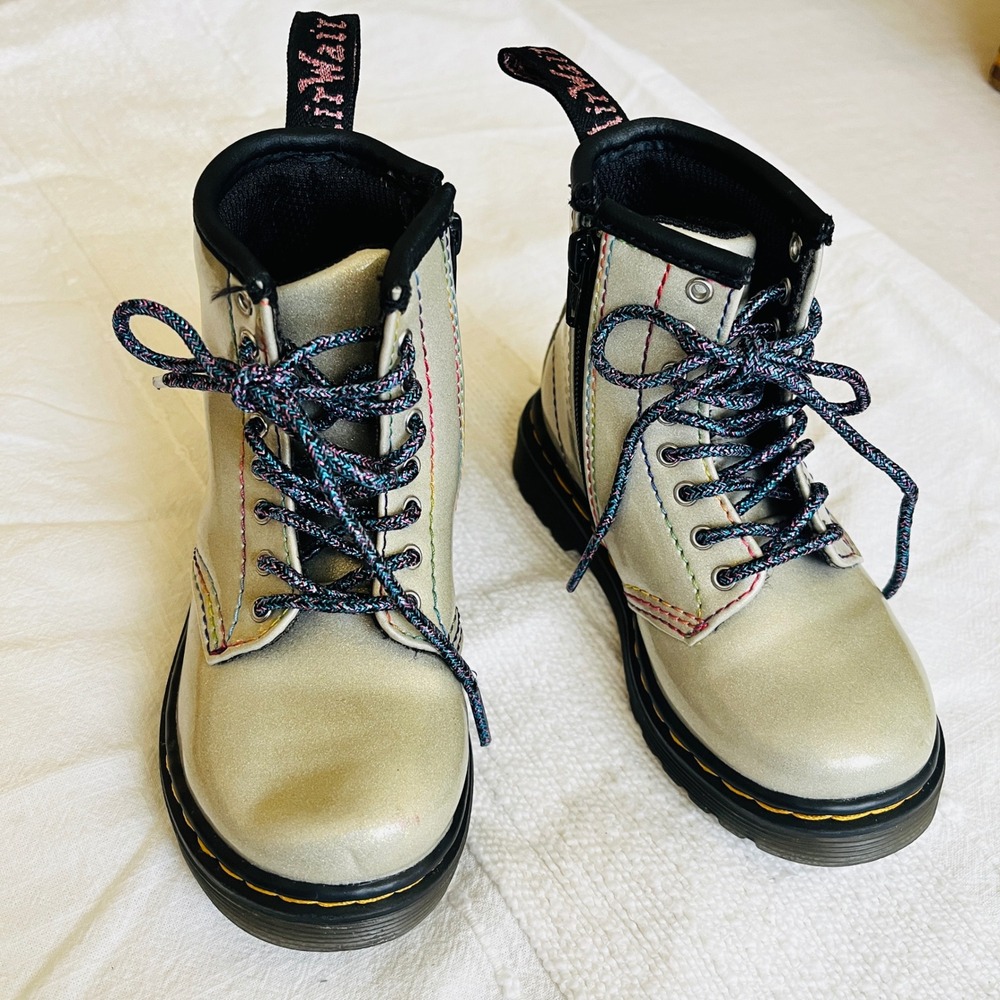 Dr. Martens 1460 T Toddler Sparkle Rays Boots Silver Rainbow Lace Up Size 7 US